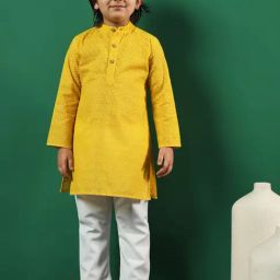 READIPRINT FASHIONS Kids Yellow & White Embroidered Full Sleeves Kurta with Pyjamas-image-83