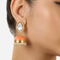 Zaveri Pearls Peach Meenakari Austrian Diamonds Traditional Jhumki Earring-ZPFK17226 image 1
