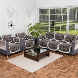 Aura Arabica Brown & Gold-Toned 16 Pieces Geometric Printed 5 Seater Velvet Sofa Covers-picture-17