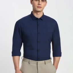 Peter England Navy Slim Fit Checks Shirt-picture-15