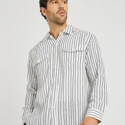 Styli White Cotton Relaxed Fit Striped Shirt-image-85