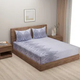 Swayam Ananda Motif White & Blue 200 TC Cotton King Bedsheet with 2 Pillow covers-image-86