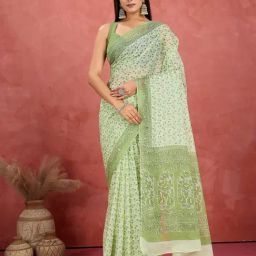SHANVIKA Green Pure Cotton Floral Saare-image-50