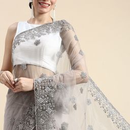 kasee Grey Floral Embroidered Net Saree-image-22