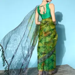 Blissta Lime Green Printed Saree With Unstitched Blouse image 2