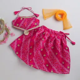 Many Frocks Kids Pink & Orange Printed Lehenga, Choli with Dupatta-image-49