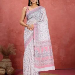 SHANVIKA White Pure Cotton Floral Saare-image-93