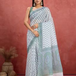 SHANVIKA White Pure Cotton Floral Saare-picture-27