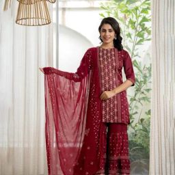 Juniper Maroon Embroidered 3/4th sleeve Sharara Sets-image-4