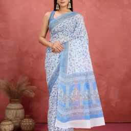 SHANVIKA White Pure Cotton Floral Saare-picture-19