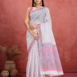 SHANVIKA White Pure Cotton Floral Saare-picture-23