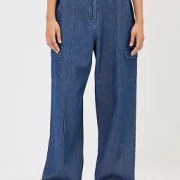 FEMMELLA Navy Blue Denim Solid Mid Rise Cargo Jeans-picture-22