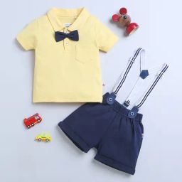 Bumzee Kids Navy & Yellow Solid Polo T-Shirt, Shorts, Attached Suspender with Bow-image-60