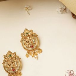 ORANGENYSHA Gold-Plated Stones Studded &Beaded Classic Ram Darbbar Temple Drop Earrings-53