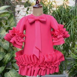 TOPLOVE Girls Bell Sleeve Scuba Ruffle Sheath Dress With Bow-picture-37