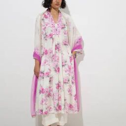 Vark by Westside White Floral A-Line Kurta, Palazzos and Dupatta Set-image-20
