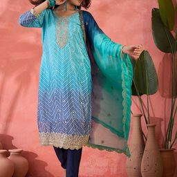 MANVAA Bandhani Embroidered Sequinned V-Neck Straight Kurta With Trousers & Dupatta-image-77