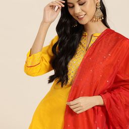 Sangria Women Yellow & Red Ethnic Motifs Yoke Design Cotton Kurta with Palazzos & Dupatta-picture-1