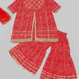 LITTLE GINNIE Girls Bandhani Printed Regular Gotta Patti Pure Cotton Kurti with Sharara & With Dupatta-picture-12
