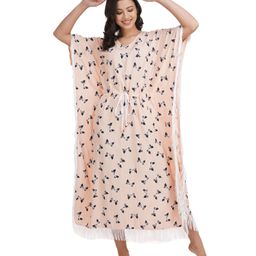 KOI SLEEPWEAR Batwing Half Sleeves All Over Bow Printed Maternity Kaftan Dress - Peach-image-3