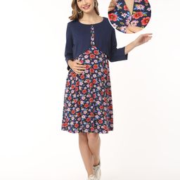 Bella Mama Cotton Knit Floral Printed Maternity Dress with Three Fourth Sleeves Shrug - Navy Blue-image-16