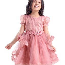 Mark & Mia Half Sleeves Party Frock with Floral Applique & Embroidery - Pink-picture-24