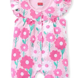 Babyhug 100% Cotton Knit Interlock Half Sleeves Romper With Floral Print - Pink-image-47