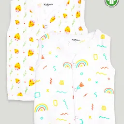 Kidbea Cotton Muslin Pack Of 2 Sleeveless Chicks & Rainbows Assorted Print Jhablas - White Yellow & Pink-picture-29
