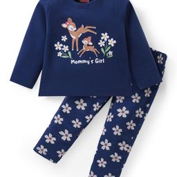 Babyhug Cotton Knit  Full Sleeves Deer & Floral Print Night Suit - Navy Blue-image-75