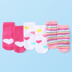 Cute Walk by Babyhug Anti-Bacterial Ankle Length Terry Socks with Heart Design Pack of 3 - Multicolor-image-78
