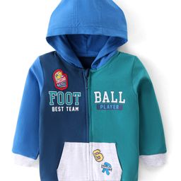 Babyhug Cotton Knit Full Sleeves Hooded Front Open Sweatjacket with Text Print & Kangaroo Pockets - Blue & Green-image-28