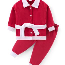 Babyhug Velour Woven Full Sleeves Solid Color Winter Wear Suit - Red-image-25