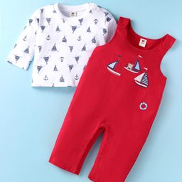 ToffyHouse Knitted Full Sleeves T-Shirt & Dungaree Style Romper with Boat Print - Red-image-49