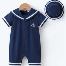 Mark & Mia Half Sleeves Sailor Neck Romper with Hat & Embroidered Anchor - Navy Blue-picture-26