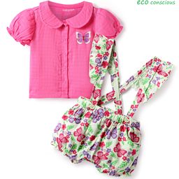 Babyoye Eco Conscious 100% Organic Muslin Woven Half Puffed Sleeves Top & Elasticated Pull On Dungaree with Butterfly Print - Dark Pink-image-69