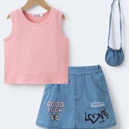 Mark & Mia Sleeveless Top & Denim Skirt with Handbag & Text Print - Blue & Pink-image-30