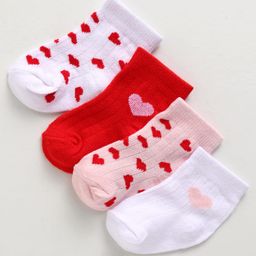 Doodle Poodle Cotton Knit Ankle Length Socks with Hearts Design Pack of 4 - White Pink & Red-image-21