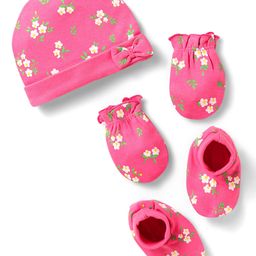 Babyhug 100% Cotton Interlock Knit Cap Mittens & Booties With Floral Print - Pink-image-91