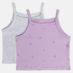 MINI KLUB Cotton Pack Of 2 Sleeveless Solid & Floral Printed Camisoles - Grey & Purple-image-2