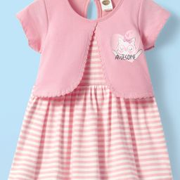 Teddy Sinker Knit Half Sleeves Striped Frock with Kitty Print - Pink-image-35