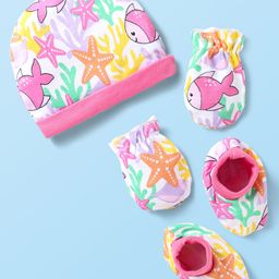 Babyhug 100% Cotton Interlock Knit Cap Mittens & Booties With Fish Print - Pink-picture-2