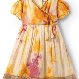 Kookie Kids Woven Half Sleeves Frock With Tie & Dye Print & Lace Detailing - Multicolor-picture-26