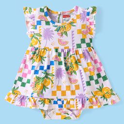 Babyhug 100% Cotton Knit Frill Sleeves Frock Style Onesie with Oranges Print - White-image-26