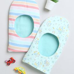 BUMZEE Interlock Knit Monkey Cap with Floral Print & Stripes Aqua Blue & Multicolor Pack Of 2 - Diameter 23.5 cm-image-48