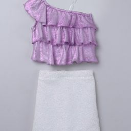 Taffykids Satin Sleeveless One Shoulder Foil Printed Crop Top With Metallic Lurex Skirt Set - Purple &Multi-image-52