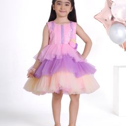 Ministitch Sleeveless Floral Applique Detailed Sequins Embellised Layered Dress - Baby Pink-image-35