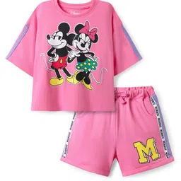 Pine Kids Disney Single Jersey Knit Half Drop Shoulder Sleeves Oversized T-Shirt & Cut & Sew Shorts Set With Minnie Mouse & Family Graphics - Pink-picture-33
