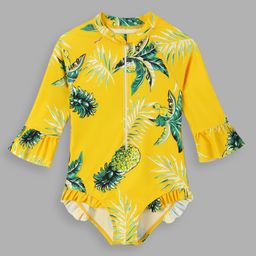 Mark & Mia Full Sleeves V Cut Swimsuit With Tropical Theme Print - Yellow-image-30