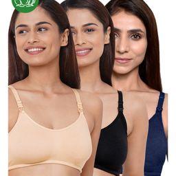 Inner Sense Organic Cotton Pack of 3 Knitted Solid Antimicrobial Women Feeding Bras - Multi Color-picture-22