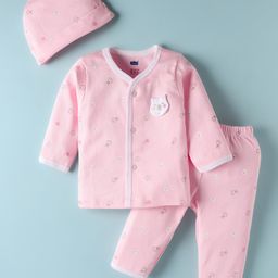 Simply Sinker Knit Full Sleeves Co-ord Night Suit & Cap with Rabbit Print - Pink-picture-20